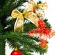 Christmass tree branches with balls and ribbons Royalty Free Stock Photo