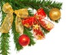 Christmass tree branches, balls and ribbons Royalty Free Stock Photo