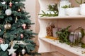 Decorative christmass tree with kitchen shelf.