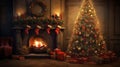 Christmass tree in the old house by the unlit fire place with some decorations and lights Royalty Free Stock Photo