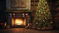 Christmass tree in the old house by the unlit fire place with some decorations and lights Royalty Free Stock Photo