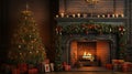 Christmass tree in the old house by the unlit fire place with some decorations and lights Royalty Free Stock Photo