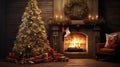 Christmass tree in the old house by the unlit fire place with some decorations and lights Royalty Free Stock Photo