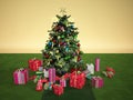 Christmass tree with several gifts, on a green carpet Royalty Free Stock Photo