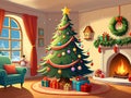 Christmass tree with star above in the warm living room Royalty Free Stock Photo