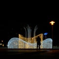 Christmassy decorated fountain in the city centre of Magdeburg