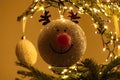 Christmas tree deco. Funny ideas. A red nose reindeer