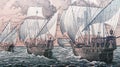 Christopher Columbus` caravels depicted on an old Italian 5000 lire banknote