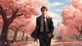Christopher\'s Stroll A Digital Painting Of A Darkhaired Man In A Cherry Blossom Park