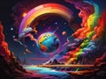 Chromatic Horizon A Sci-Fi Saga of Earth\'s Rainbow Amidst the Abyss Royalty Free Stock Photo