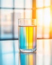 Chromatography Experiment Shows Color Separation in Beaker With Backlighting Effects During Daylight