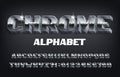 Chrome alphabet font. 3D effect bold metallic letters, numbers and symbols with shadow. Royalty Free Stock Photo