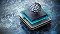 Chrome brain on the CPU installed on the mainboard. 3D illustration Royalty Free Stock Photo