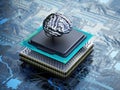 Chrome brain on the CPU installed on the mainboard. 3D illustration