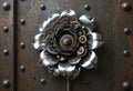 Chrome Carnation Steampunk A Riveted Metal background complete with gears and cogs, featuring a 3D Chrome flower. Royalty Free Stock Photo