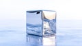 Chrome cube reflecting water surface on reflective floor
