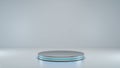 Chrome cylinder platform abstract background with blue neon light shiny metallic podium 3D rendering