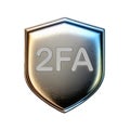 Chrome 3D icon, outline of a shield with the inscription 2FA, two-factor authentication, Royalty Free Stock Photo