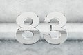 Chrome 3d number 83. Glossy chrome number on scratched metal background. 3d render