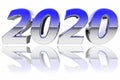 Chrome 2020 digits with color gradient reflections on glossy white background