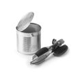 Chrome empty can with opener on isolation Royalty Free Stock Photo