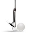 Chrome Golf Club Wedge Iron and Golf Ball on White Background