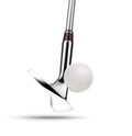 Chrome Golf Club Wedge Iron Hitting Golf Ball on White Background Royalty Free Stock Photo