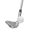 Chrome Golf Club Wedge Iron Hitting Golf Ball on White Background