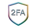 Chrome holographic 3D icon, outline of a shield with the inscription 2FA, two-factor authentication Royalty Free Stock Photo