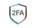 Chrome holographic 3D icon, outline of a shield with the inscription 2FA, two-factor Royalty Free Stock Photo