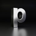 Chrome letter P lowercase. 3D render shiny metal font isolated on black background