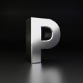 Chrome letter P uppercase. 3D render shiny metal font isolated on black background