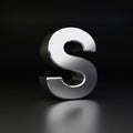 Chrome letter S uppercase. 3D render shiny metal font isolated on black background