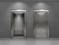Chrome metal office building elevator doors. Open and closed variant. Realistic vector illustration gray wall panels Royalty Free Stock Photo