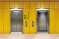 Chrome metal office building elevator doors. Open and closed variant. Realistic vector illustration yellow wall panels Royalty Free Stock Photo