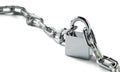 Chrome metal padlock, chains on isolated white background with shadows. object for protection and safety concept. Royalty Free Stock Photo