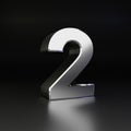 Chrome number 2. 3D render shiny metal font isolated on black background