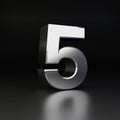 Chrome number 5. 3D render shiny metal font isolated on black background