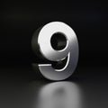 Chrome number 9. 3D render shiny metal font isolated on black background