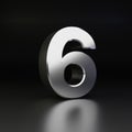 Chrome number 6. 3D render shiny metal font isolated on black background