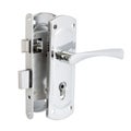 Chrome-plated double-turn mortise lock with a rectangular bolt complete with a handle on a bar, a latch