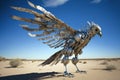 Chrome-plated metal robot bald eagle, sky background. The concept of freedom. AI generated. Royalty Free Stock Photo