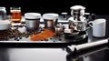 A Chrome Portafilter Espresso Machine on a Black Marble Plate White Espresso Cups Background Selective Focus Royalty Free Stock Photo