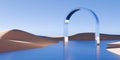 Chrome retro portal or frame object in surreal abstract desert landscape with lake and blue sky background, geometric primitive