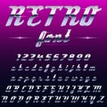 Chrome shiny retro, vintage font, typeface, mado of metal or steel