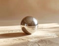 Chrome Sphere Reflecting Light on Textured Beige Surface in Studio Setting Royalty Free Stock Photo