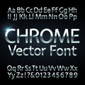 Chrome, steel or silver letters and numbers vector alphabet. Metallic typeface, font