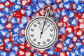 Chrome Stopwatch over Heap of Social Media Network Love and Like Heart Badges Coins Background Texture. 3d Rendering