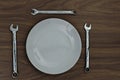 3 chrome vanadium spanners set round a plate for a working lunch Royalty Free Stock Photo