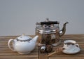 Still life with a chrome water kettle, english porcelain, tea infuser and scoop with candy Royalty Free Stock Photo